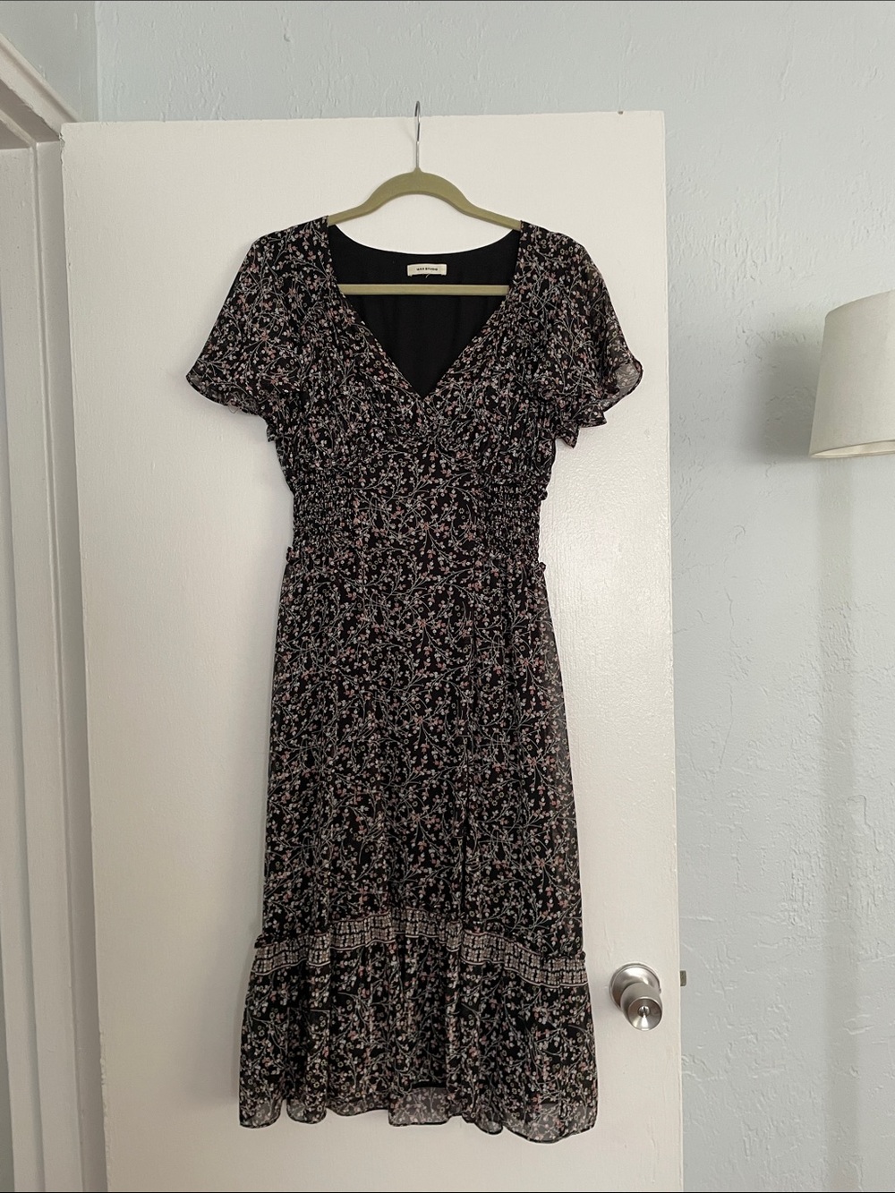 Max Studio Black Midi Dress with Pink and White Floral Print